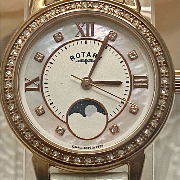 Gorgeous Rotary Mother of Pearl Dial Crystal Bezel Moon Phase Watch LS00164/41 - Picture 2 of 15